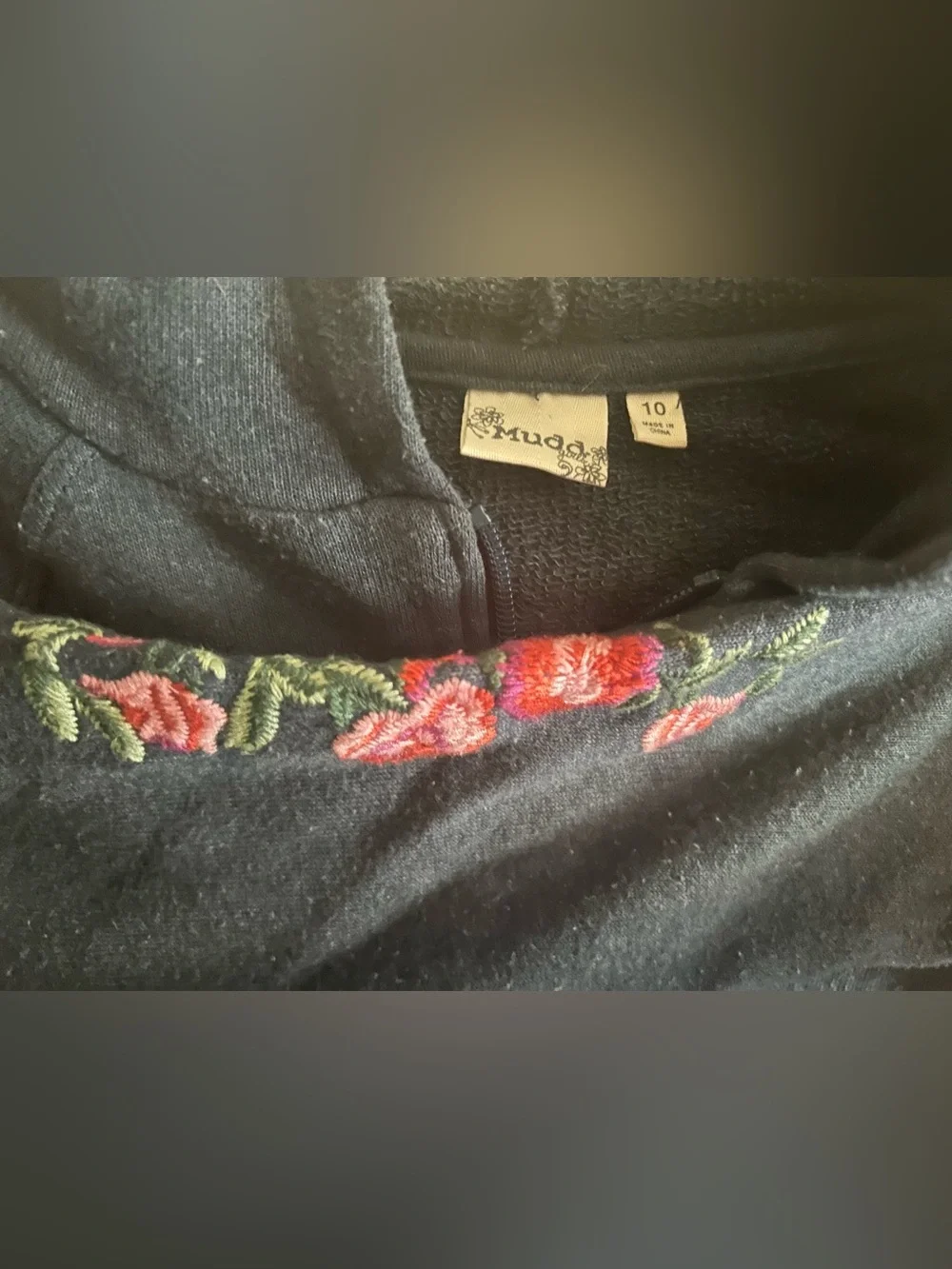 Mudd Girls Black Zip-Up Hoodie with Floral Embroidery Size 10